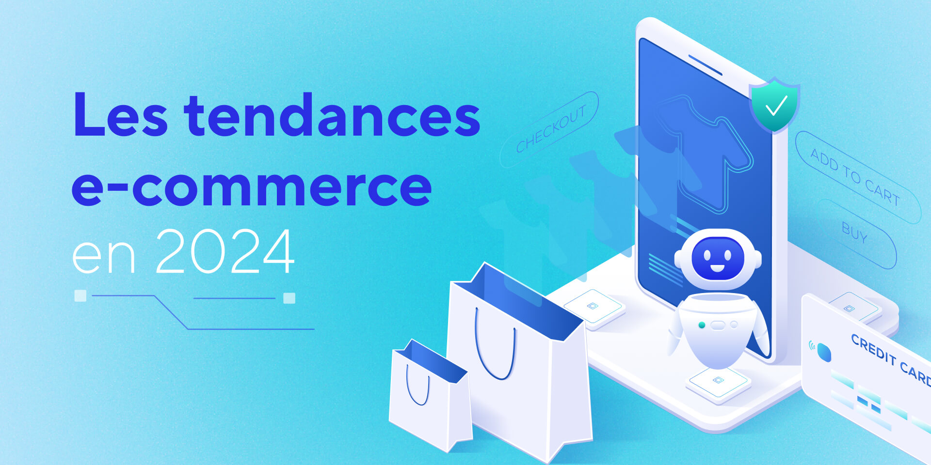 Illustration représentant les tendances du e-commerce en 2024, avec un robot assistant, des sacs de shopping et un smartphone montrant une interface de boutique en ligne.